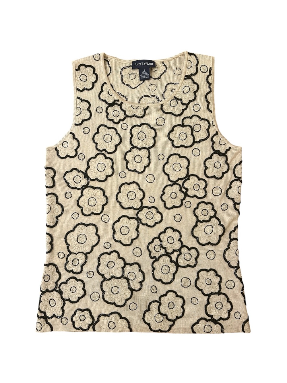 Ann Taylor Silk Vintage Tan Black Beaded Floral Sleeveless Top Size Small